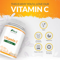 Nu U Nutrition - Vitamin C 1000mg - 180 Vegan Tablets - 6 Month Supply - High Strength Ascorbic Acid - Made in the UK