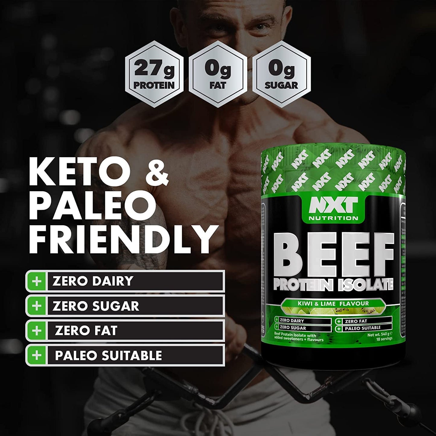 NXT Nutrition NXT Beef Protein Isolate 540g - High Protein Powder in Natural Amino Acids - Paleo, Keto Friendly - Dairy and Gluten Free | 540g (Kiwi & Lime)