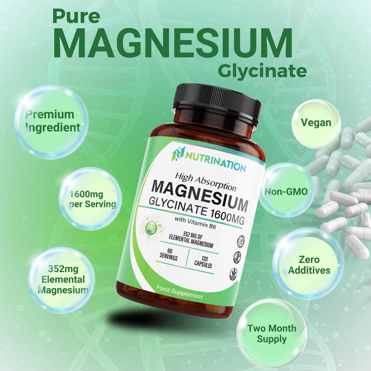 Magnesium Glycinate Supplement 1600mg with Vitamin B6, 352mg of Elemental Magnesium, 94% Daily NRV, 120 High-Strength Capsules 2 Months Supply, Supports Muscle & Nerve Health, Vegan, Lab Tested