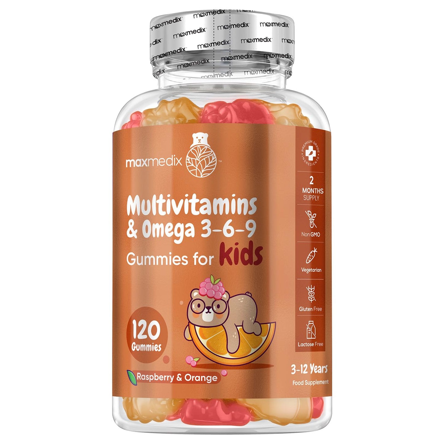 maxmedix Multivitamin for Kids - 120 Tasty Gummies - 2 Months Supply - 17 Ingredients Like Vitamins A, C, D, B12, B6, E & Zinc - Natural Raspberry & Orange Flavours - Gluten-Free Kids Vitamins with Omega 3-6-9