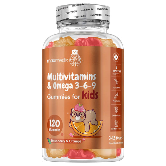 maxmedix Multivitamin for Kids - 120 Tasty Gummies - 2 Months Supply - 17 Ingredients Like Vitamins A, C, D, B12, B6, E & Zinc - Natural Raspberry & Orange Flavours - Gluten-Free Kids Vitamins with Omega 3-6-9