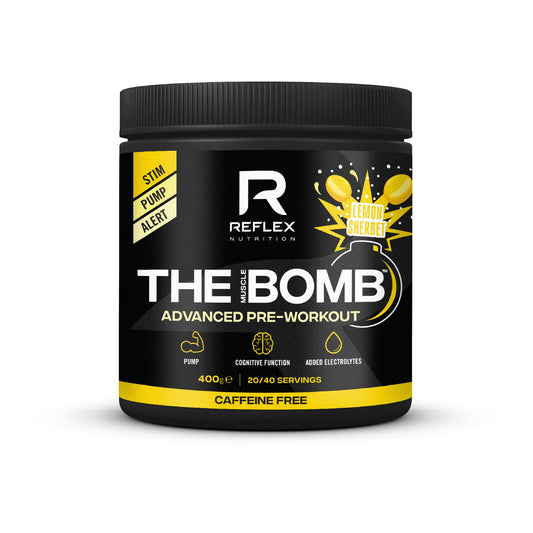 Reflex Nutrition The Muscle Bomb Caffeine Free Pre Workout Powder - 9g Citrulline Malate, 2.5g Beta Alanine - Energy, Pump & Focus for Explosive Workouts (Sherbet Lemon, 400g, 20 Servings)