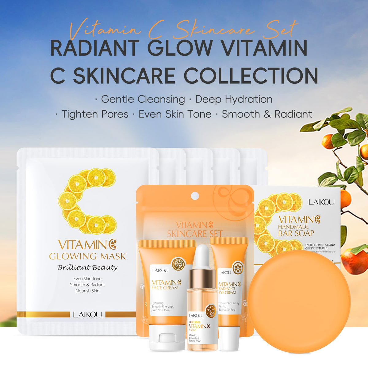 LAIKOU Skincare Set, Vitamin C Face Care Sets & Kits, Face Cream,Serum,Eye Cream,Handmade Soap & Sheet Masks, Hydrating, Brightening & Anti Aging for Radiant Skin Gift Set for Women Teenage Girls