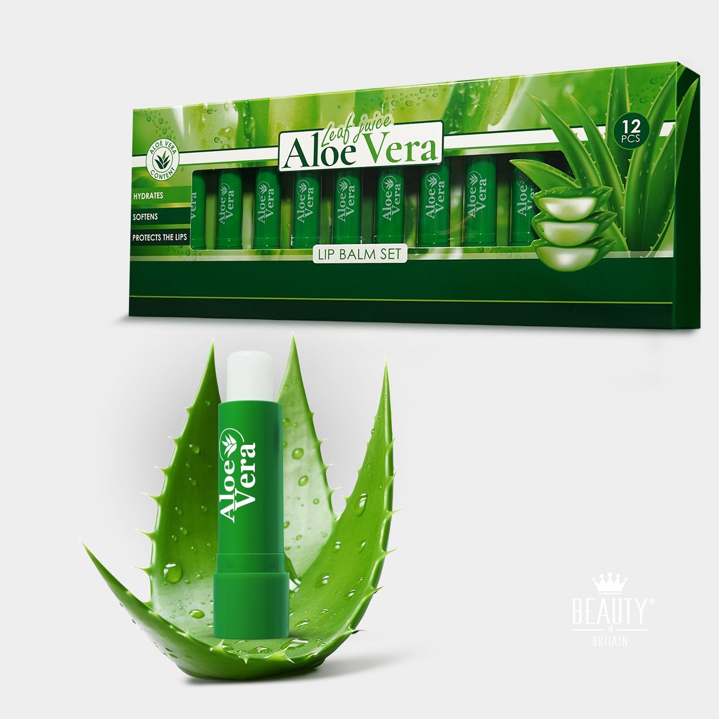 Beauty4Britain Set of 12 x Lip Balms Aloe Vera Long Lasting Moisturizing Lip Care Unisex Full Size Display Box UK Beeswax Vitamin E Omega-3