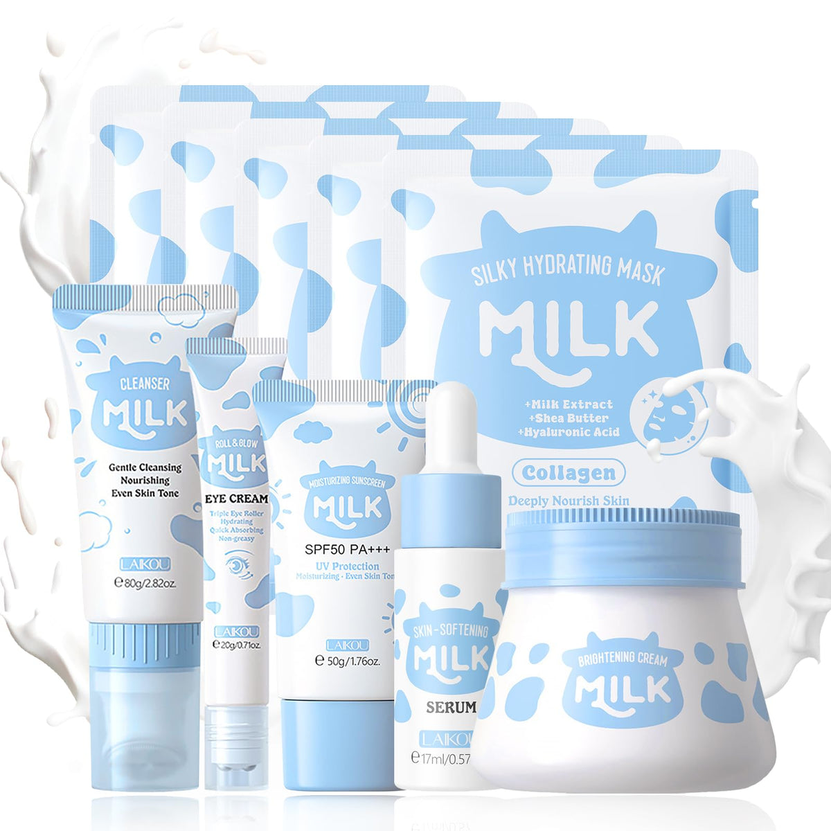 ISBEAUSOLS Milk Skincare Set -10PCS Milk Skincare Set for Teenagers Girls - Milk Beauty Gift Sets with Cleanser, Eye Cream, Sunscreen, Face Serum, Face Cream, Face Mask - Facial Kits for Women