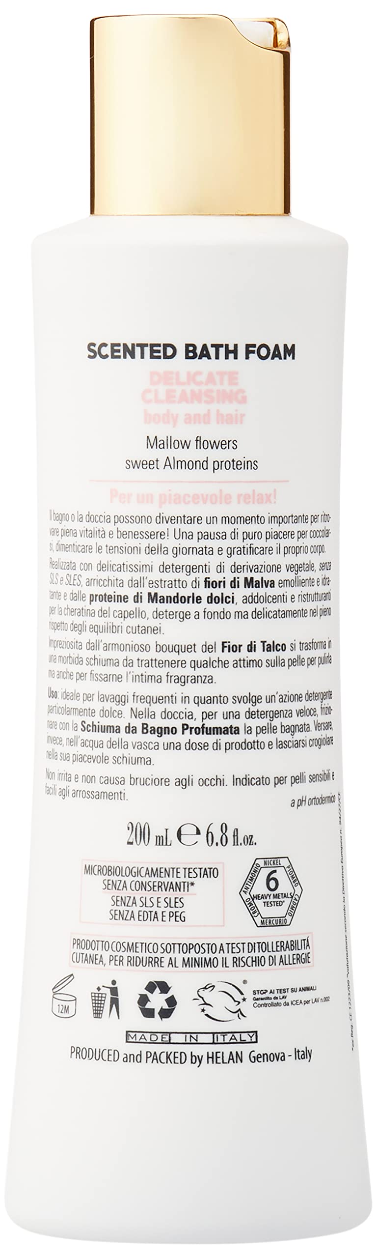 Helan, Fior di Talco, Gentle Bubble Bath, Body and Hair Shower Gel - Moisturising and Restructuring Shampoo - Natural, Scented, with Mallow Flowers and Sweet Almonds - 200 ml