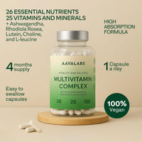 AAVALABS Multivitamin Complex with 25 Vitamins and Minerals + Ashwagandha and Rhodiola Rosea - Multivitamin Tablets for Women and Men - with Vitamin C & Vitamin D - Multivitamins and Minerals - 120 Capsules