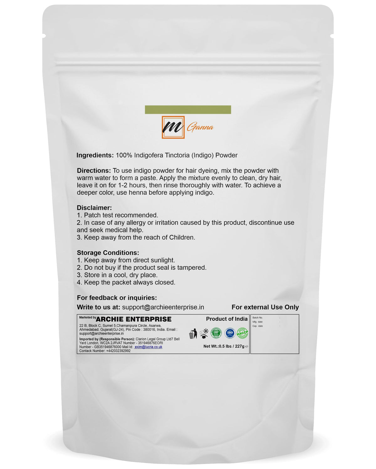 mGanna 100% Natural Indigo Powder for Hair Dye and Coloring 0.50 LBS 227 GMS | No Sulfates | No PPD or Any Chemicals for Healthy Hair Care