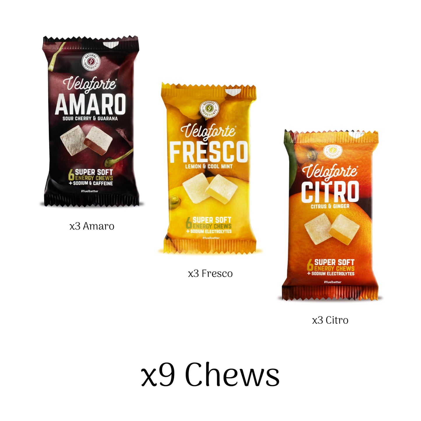 Veloforte Mixed Energy Chews For Running, Cycling, Triathlon | Powerful natural ingredients. Great taste, melt-in-mouth clean alternative to shots or gummies | Variety | Amaro, Citro & Fresco |9-pack