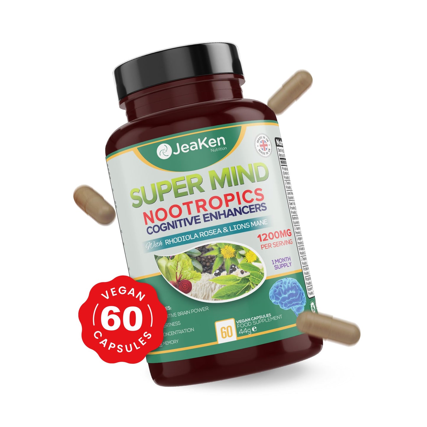 JeaKen - Super Mind Nootropics Supplements, Beetroot Capsules with Rhodiola Rosea, Lions Mane, L-Theanine and More, Boosts Focus, Alertness and Memory, 1200mg per Serving, 60 Vegan Capsules