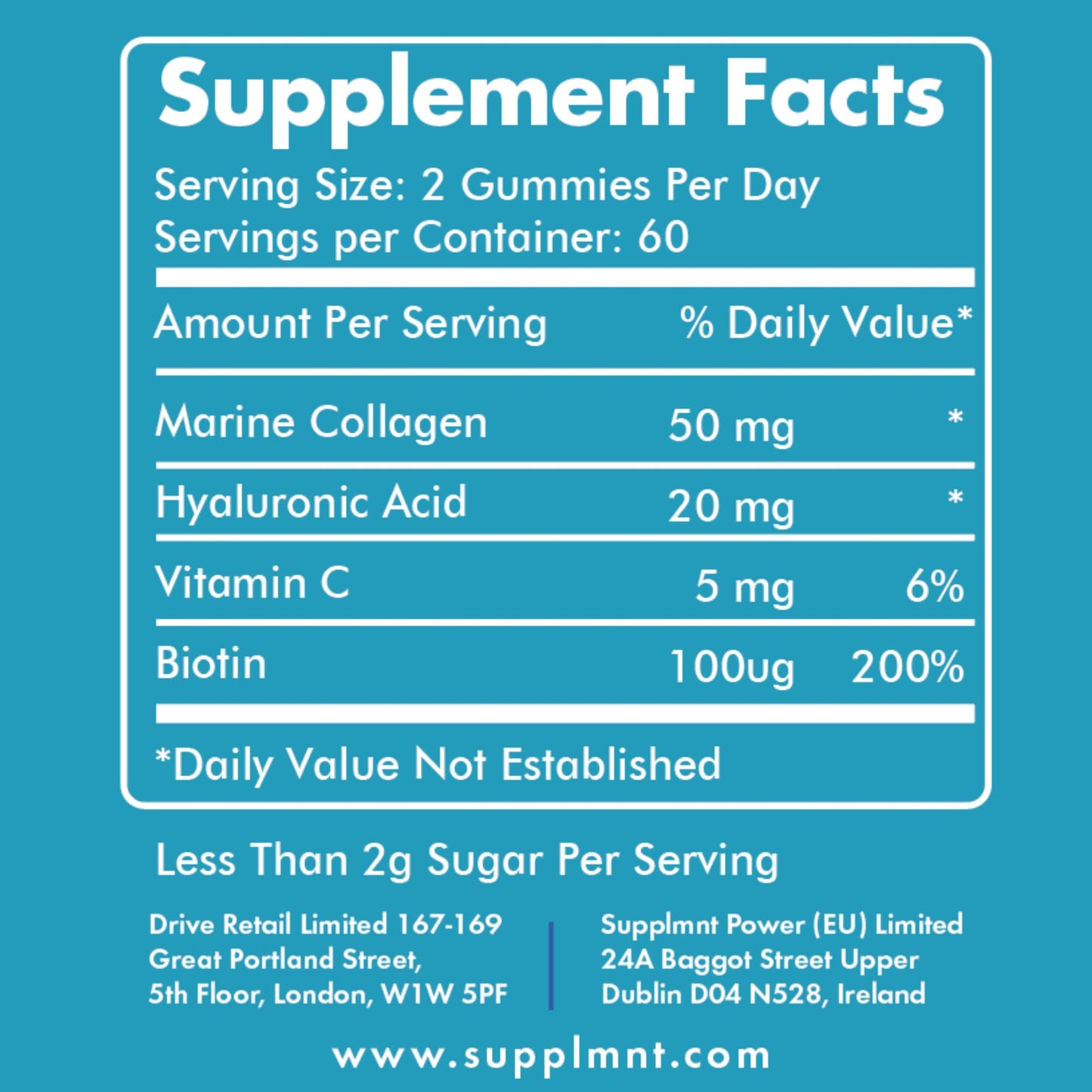 supplmnt. Supplmnt. Marine Collagen Gummies, Hydrolysed Collagen Peptides with Biotin, Hyaluronic Acid & Vitamin C, Supplements for Women & Men, for Skin, Hair & Nails, Blueberry