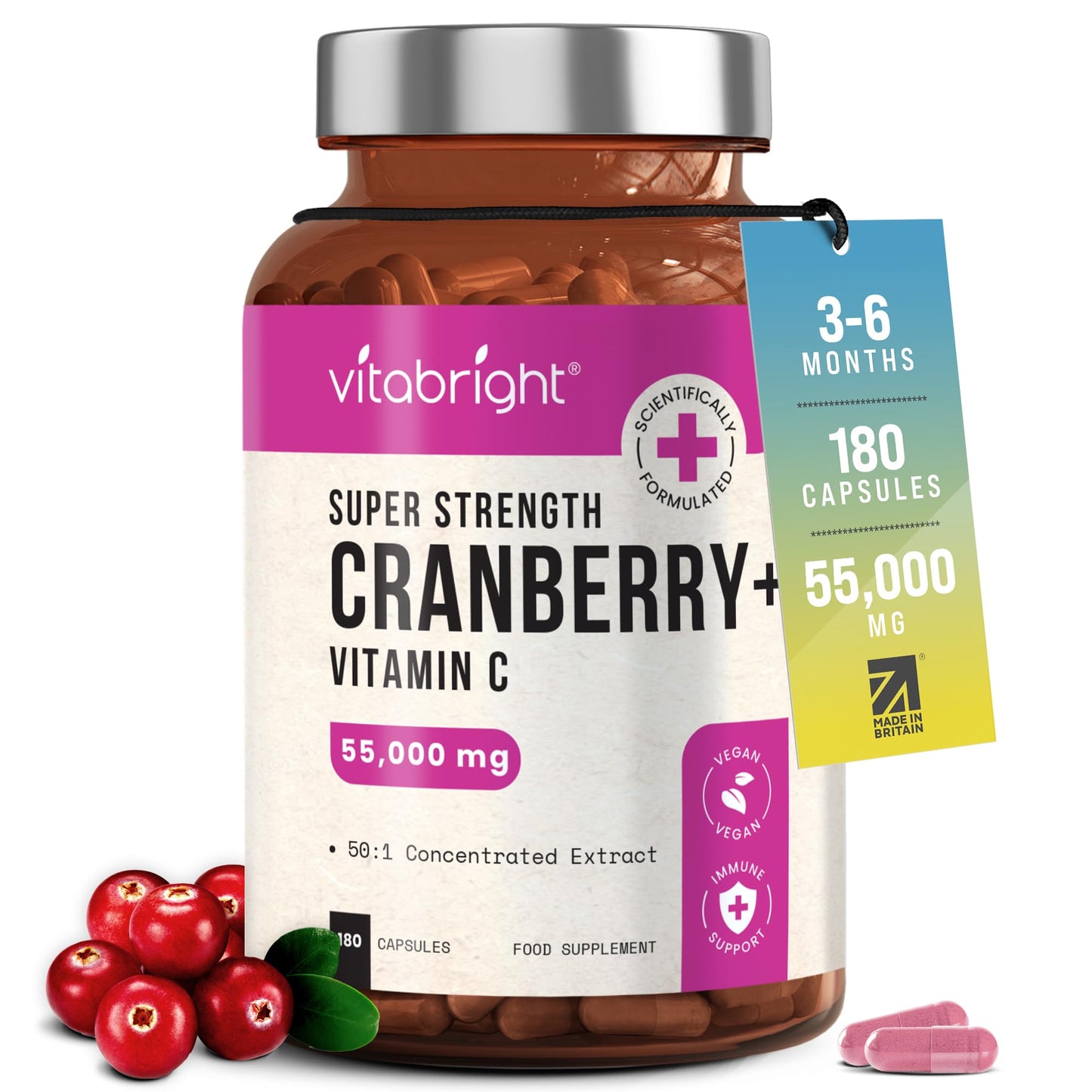 VitaBright Cranberry Tablets for Urinary Infections 55,000mg | Strongest Cranberry Supplements for Women - Bladder, Cystitis Treatment Women, UTI Treatment for Women | Cranberries Extract Capsules Vitabright