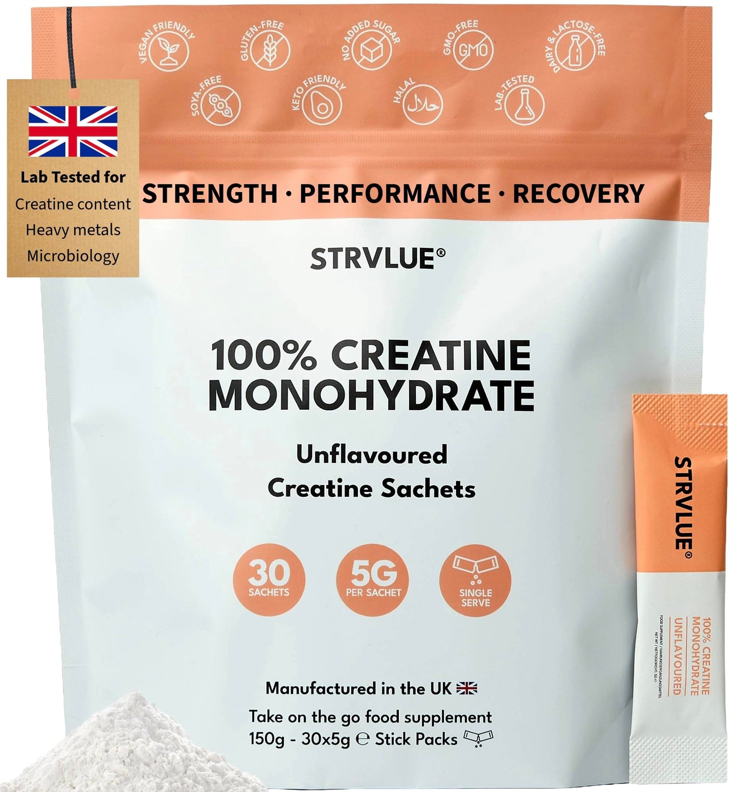 STRVLUE 100% Pure Lab Tested Creatine Monohydrate Powder | 30x5g Travel Sachets | Ultra‑Fine Micronised | Unflavoured | Supports Muscle Growth, Strength, Recovery & Performance, Cognition | for Men & Women