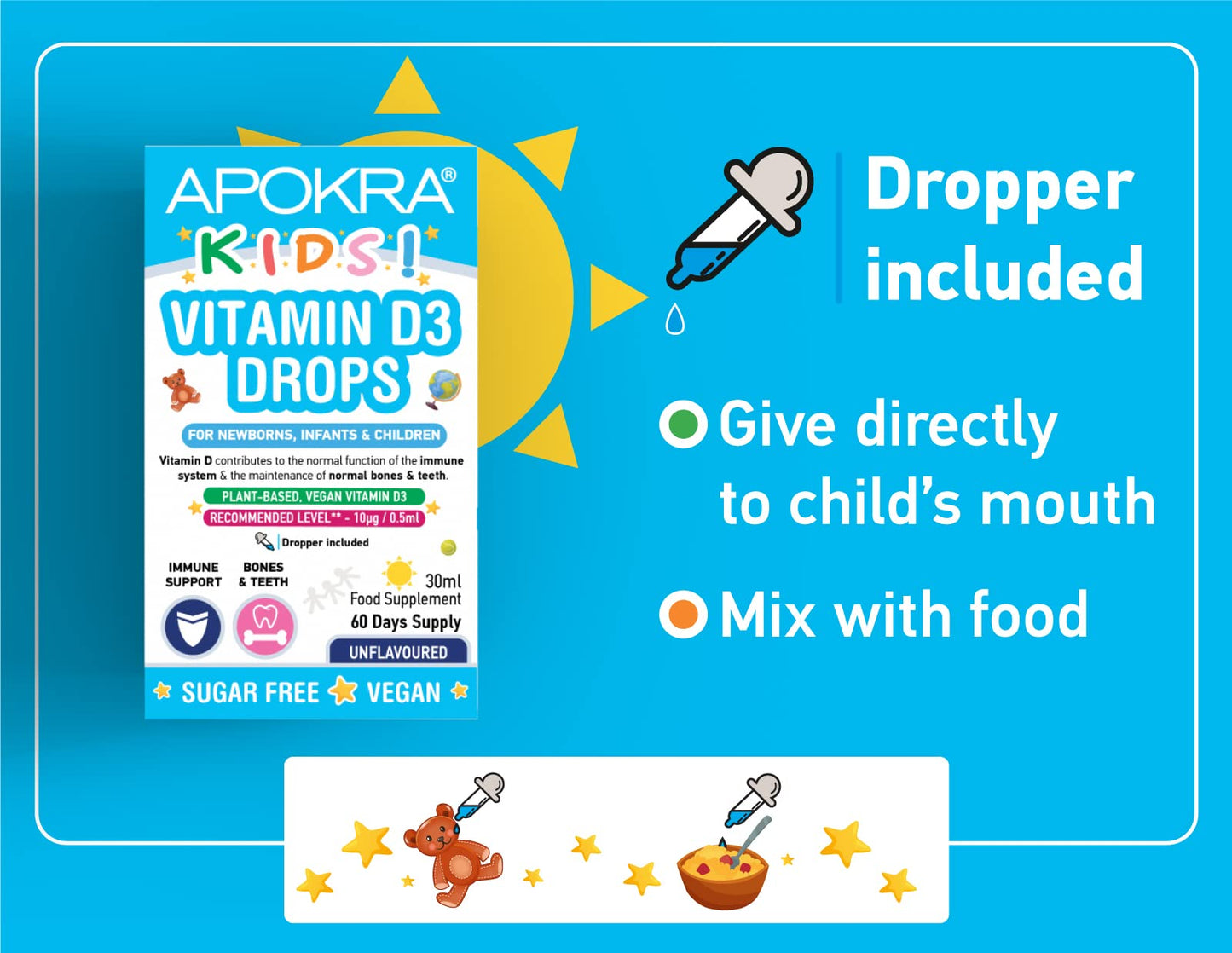 Vitamin D Drops Baby & Kids - Vegan - 60 Days Supply – 30mL – Preservative Free and Sugar Free Kids Vitamins - VIT D 400IU in MCT Oil - 10 micrograms per 0.5mL | APOKRA Kids