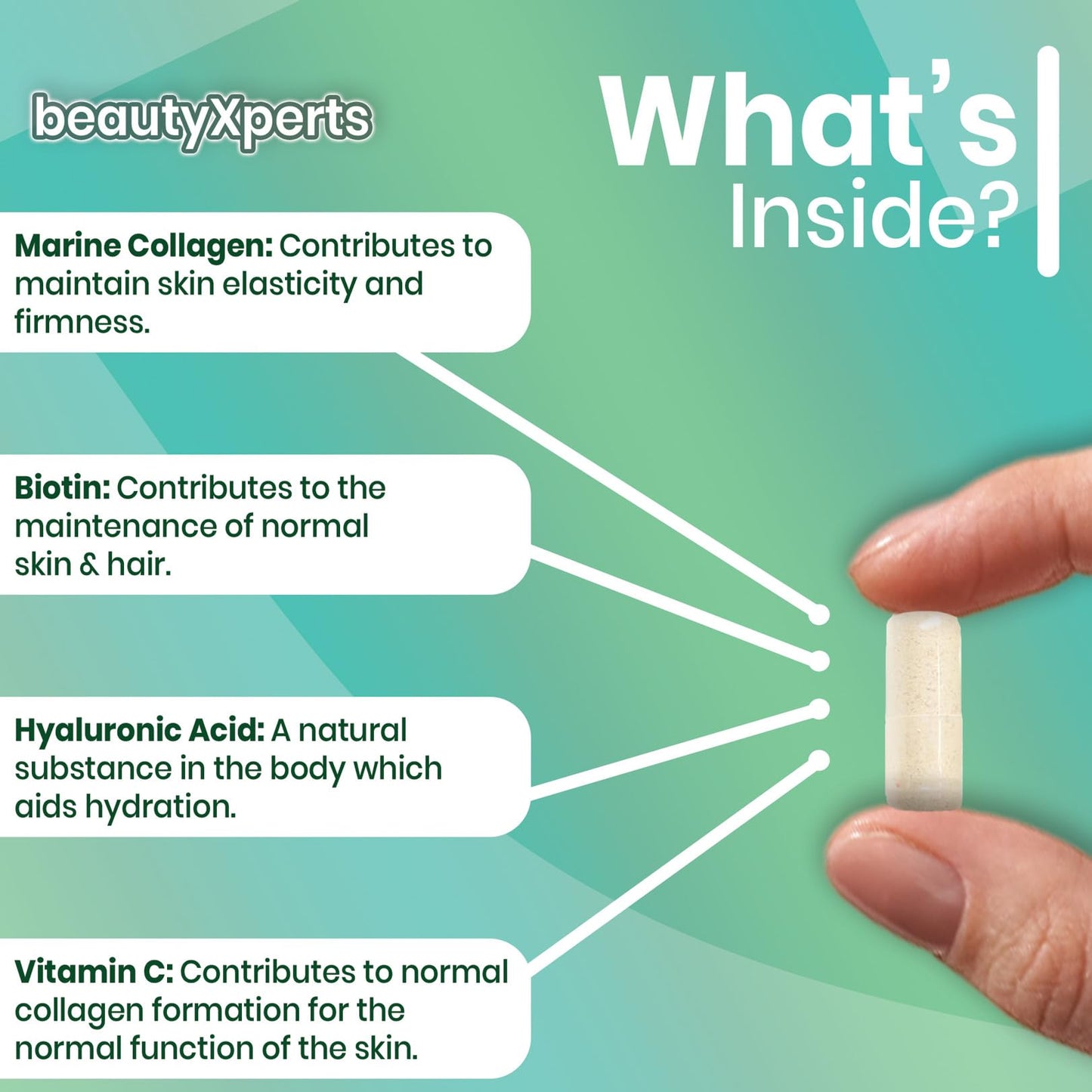 BeautyXperts Marine Collagen Capsules | with Biotin, Hyaluronic Acid & Vitamin C | High Strength Pure Collagen Peptides Supplements for Women and Men | 60 Capsules (Not Tablets or Powder)