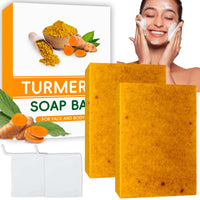 2PCS Wormeer Turmeric Soap Bar, Tumeric Soap for Face & Body,Turmeric Cleansing Bar, Rich in Narious Nutrients, It Is Equipped with a Foam Net to Improve Fine Lines