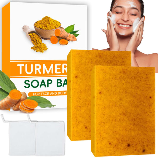 2PCS Wormeer Turmeric Soap Bar, Tumeric Soap for Face & Body,Turmeric Cleansing Bar, Rich in Narious Nutrients, It Is Equipped with a Foam Net to Improve Fine Lines