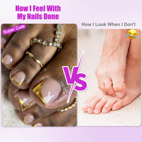 Ceboic 24Pcs French False Toenails, 3D Gold Short Square Fake Toe Nails Glue on, Summer Glossy Gel Acrylic Stick on Toenails, 12 Sizes Nude Pink Full Cover Press on Toe Nails for Women Pedicure Decorations
