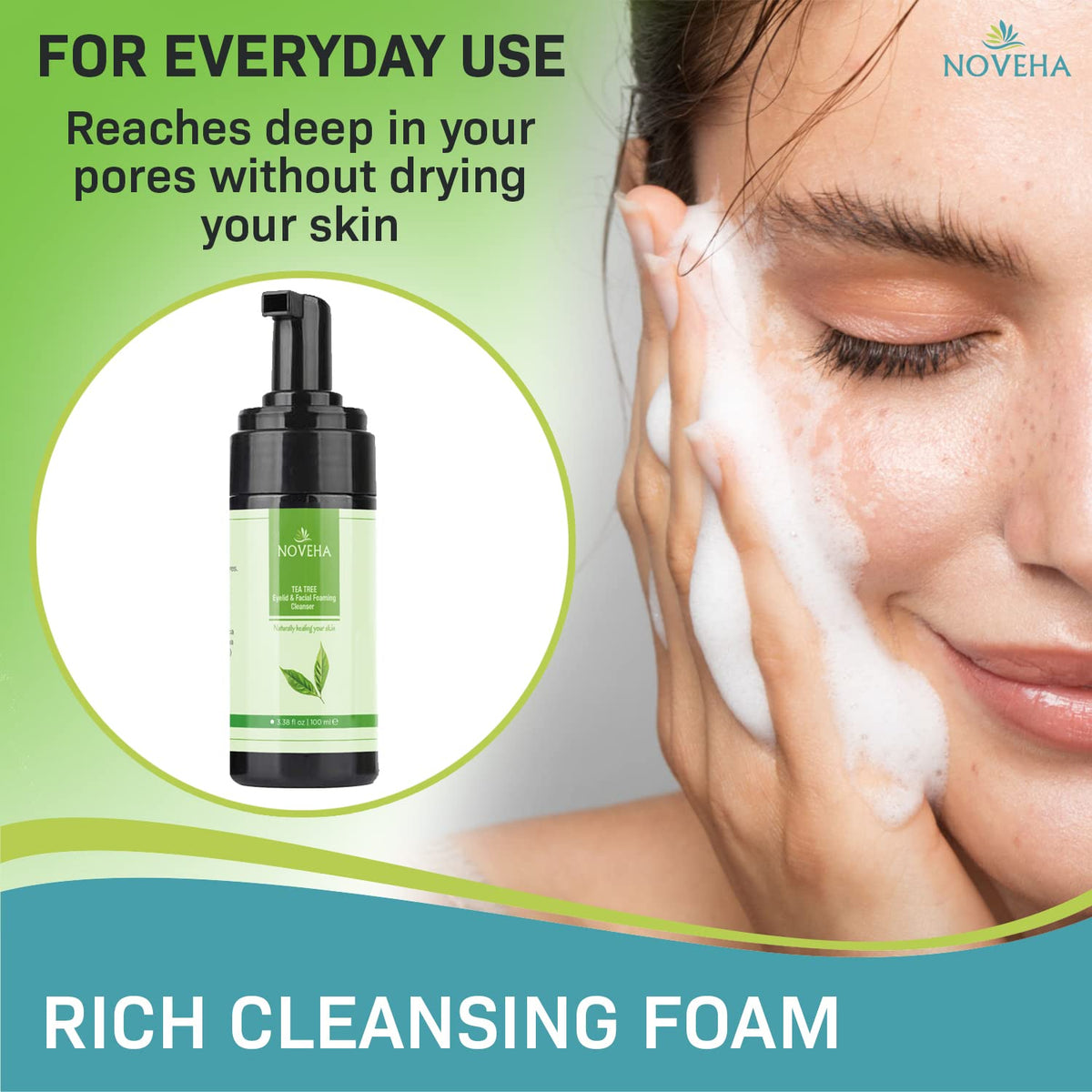 NOVEHA Tea Tree Eyelid Foaming Cleanser - Face Wash For Women | Eyelid Scrub For Dry Eye, Irritation | Preservative Free, Natural Ingredients