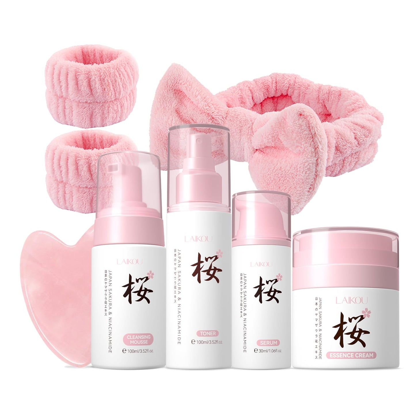 LAIKOU Sakura Skincare Set, Japanese Beauty Facial Kit for Women Teenage Girls, Cleanser, Toner, Serum, Moisturizer, Headband & Gua Sha Tool, Hydrating Facial Routine for Glowing Skin, 6PCS