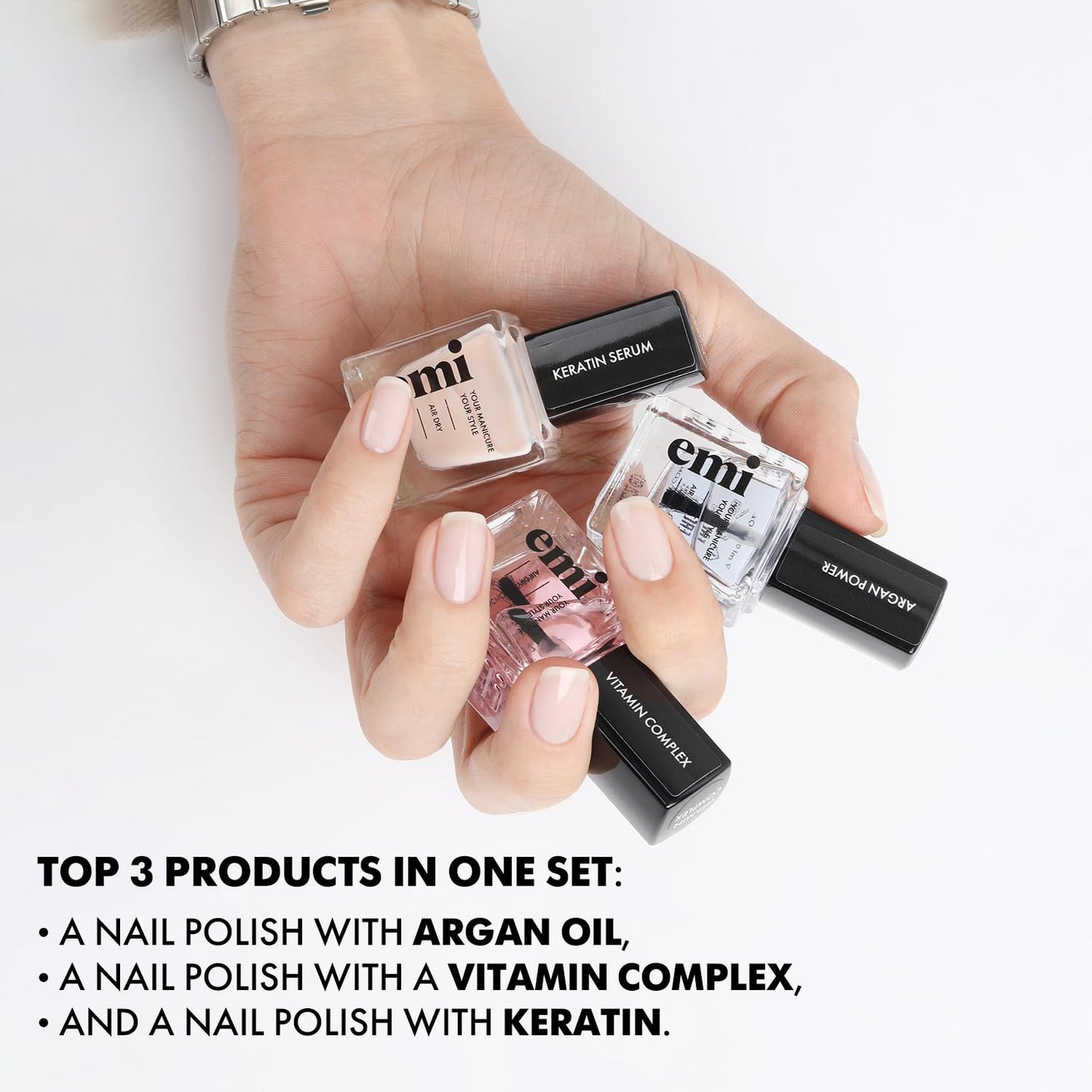 EMI Nail Care Power Trio for strong, healthy, and nourished nails vitamin therapy Argan Power A, E, and F Vitamin Complex Keratin Serum protective shield Emi Nail Therapy System