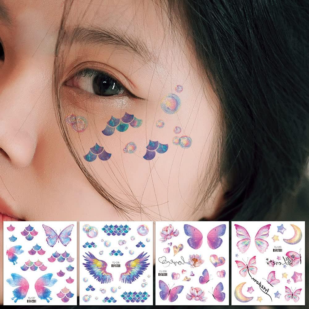 Rosymormor 18 Sheets Glitter Temporary Tattoos for Women Girls, Wings Butterfly Flowers Face Body Shiny Waterproof Stickers Fake Tattoos for Gifts Birthday Party Favors Festival Makeup Halloween