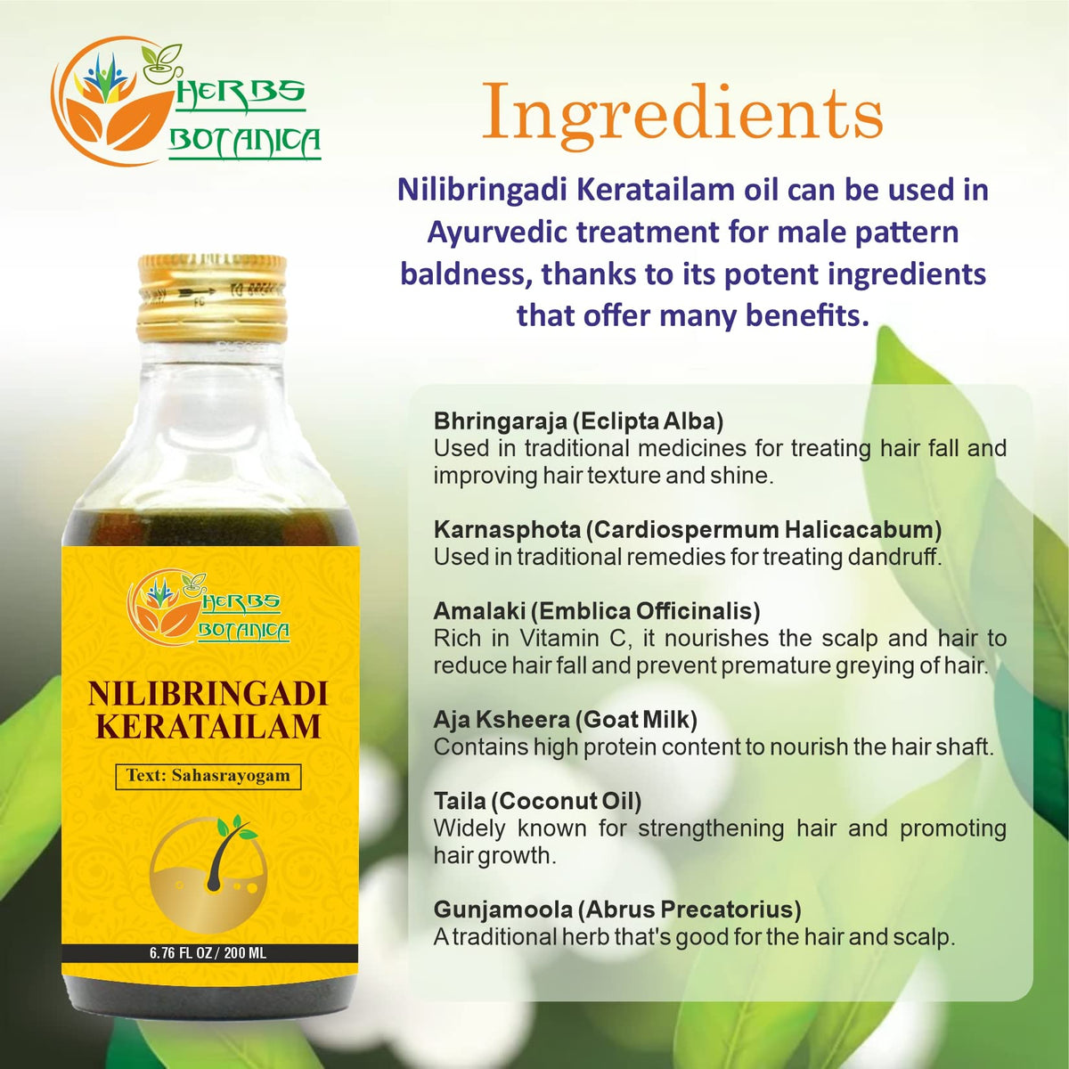 Herbs Botanica Nilibringadi Keratailam Neelibhringadi Hair Oil For Scalp, Hair Loss,Ayurvedic Oil For Hair Premature Graying 200Ml Bottle