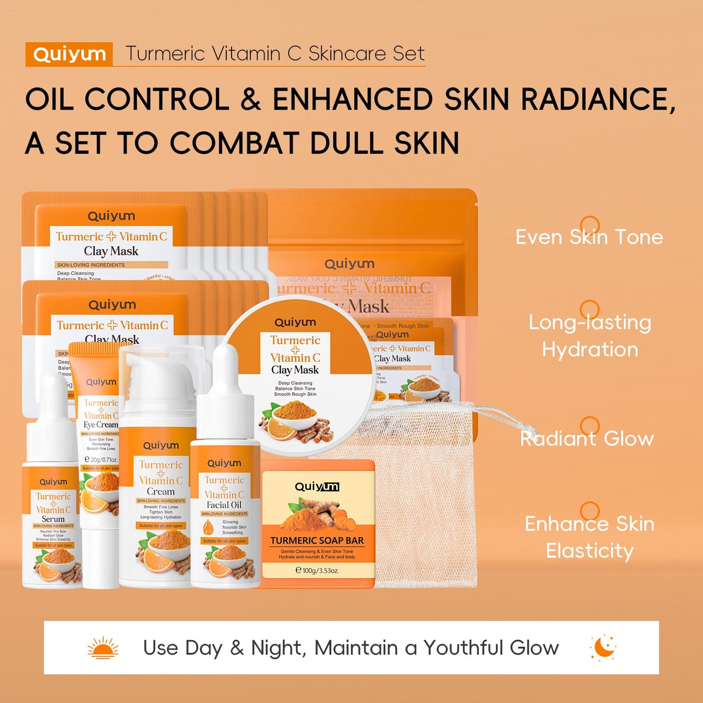Quiyum Turmeric Vitamin C Skincare Set, Radiance, Hydrating Face & Body Care Kit, Serum,Eye Cream, Cream,Facial Oil,Handmade Soap & Clay Mask, Pamper Gift Set for Women Teenage Girls Mom Birthday