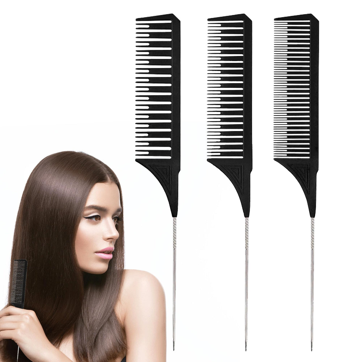 Bansusu 3PCS Tail Comb 3 Different SizesHighlighting Comb Set Plastic Hair Highlighting Comb with Stainless Steel Handles Rat Tail Hair Comb for Men Women Hair Mottling and Dyeing Styling(Black)