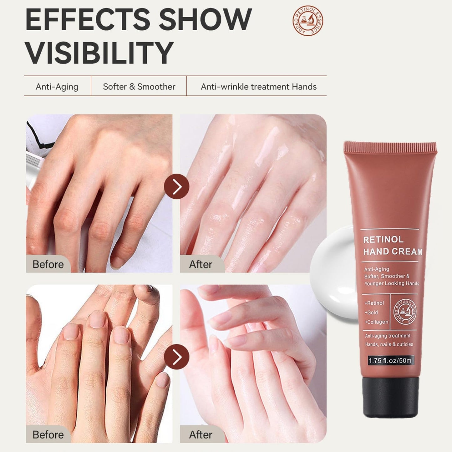 DMQ 2PCS Retinol Hand Cream, Firming Anti-Aging Hand Lotion with Collagen, Relief Intense Moisture Hand Cream, Retinol Moisturizer for Aging & Dry Cracked Hands, Care & Protects Skin, Nails & Cuticles