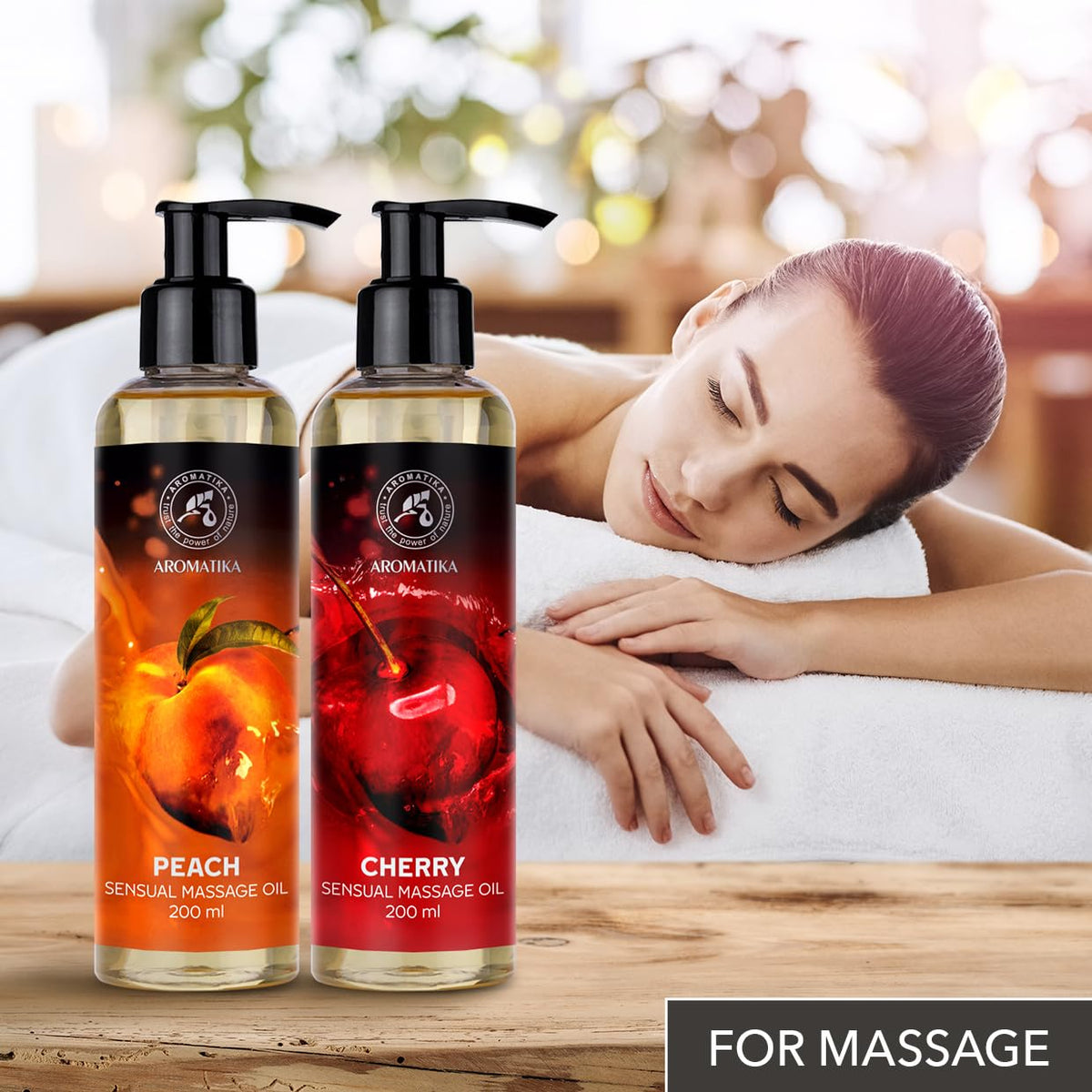 AROMATIKA trust the power of nature Sensual Massage Oil Set 2x200ml - Peach and Cherry - Edible & Kissable Massage Oil - Blend of Almond & Grapeseed & Macadamia Oils - Body Oil for Him & Her - for Couples - Relaxing Massage Oil