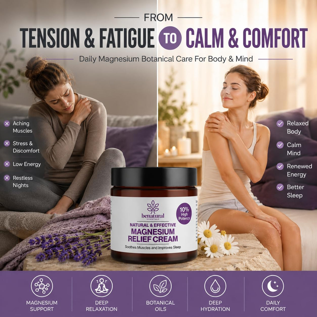 Benatural Essentials All Natural Magnesium Relief Cream 100g | Soothes Muscles & Improves Sleep | Made in the UK | pH Balanced