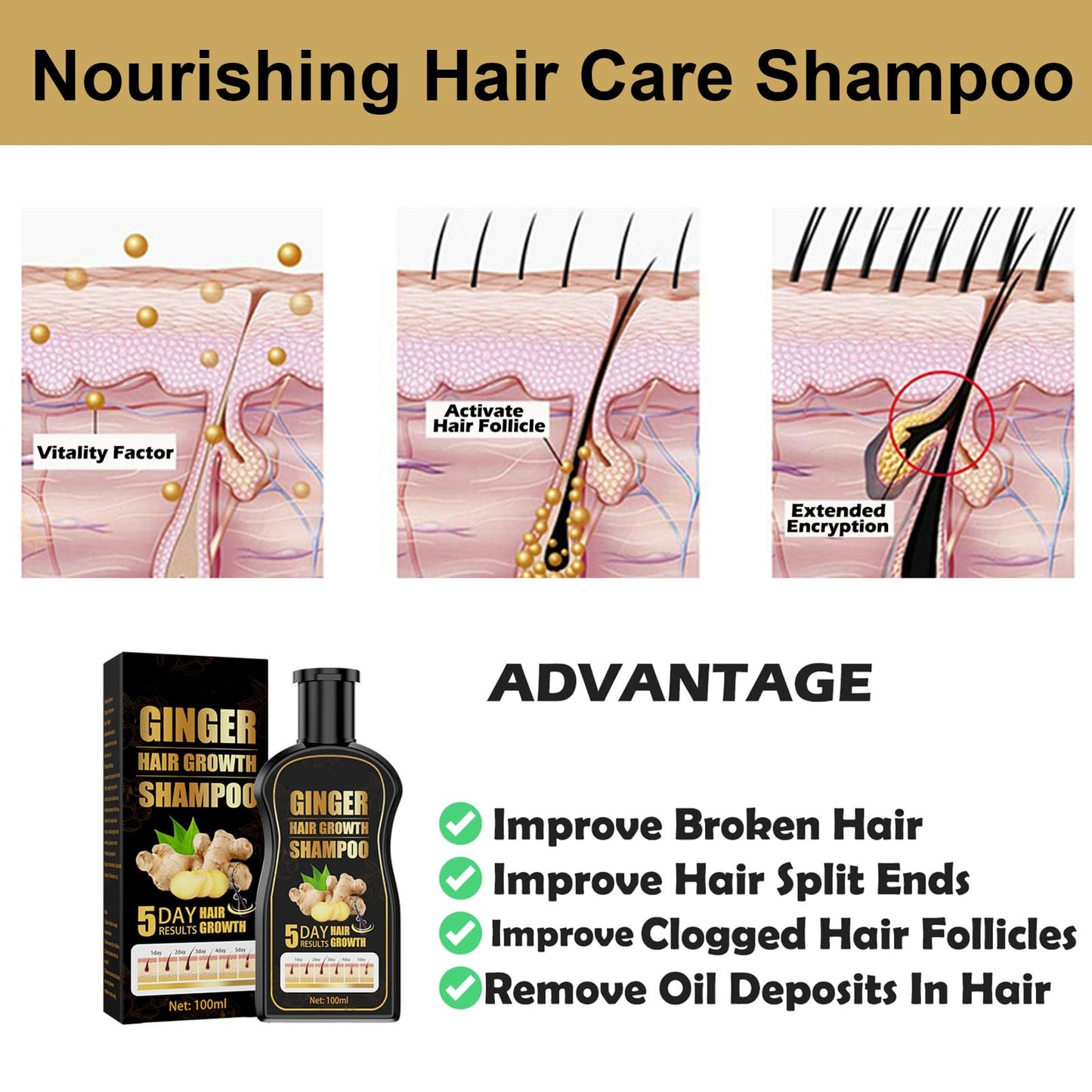 Ginger Shampoo, Ginger Hair Growth Shampoo, Anti Hair Loss Shampoo, Natural Organic Ginger Shampoo Promotes Hair Growth, Anti-dandruff & Anti-itching Ginger Shampoo for Hair Loss Women Men (1pcs)
