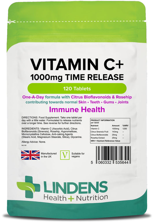 Lindens Vitamin C+ 1000mg Time Release Tablets - 120 Pack - with Citrus Bioflavonoids and Rosehip - Contributes to Immune System Health, Reduces Tiredness and Supports Healthy Skin and Teeth