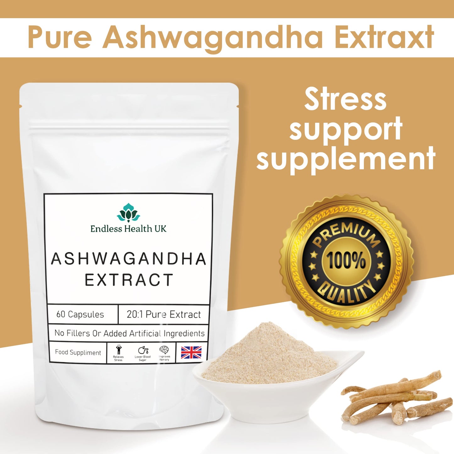 Endless Health UK Ashwagandha Extract | High Strength | 20:1 Extract | 60 Capsules