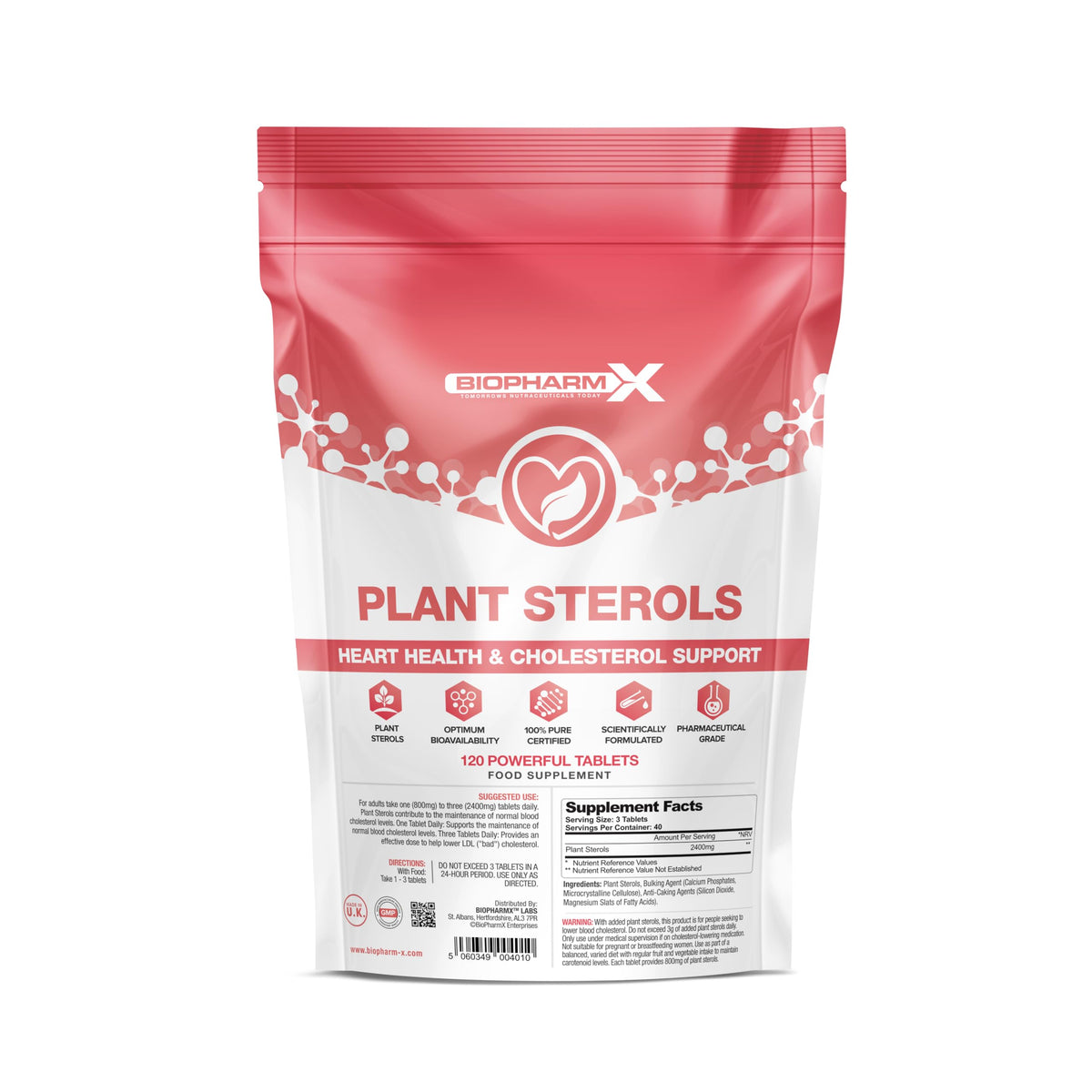 Biopharm-X High Strength Plant Sterols 2400mg per Serving (120 Vegan Tablets) Beta-Sitosterol Formula to Lower Cholesterol - Heart & Cardiovascular Support – Suitable for Vegans