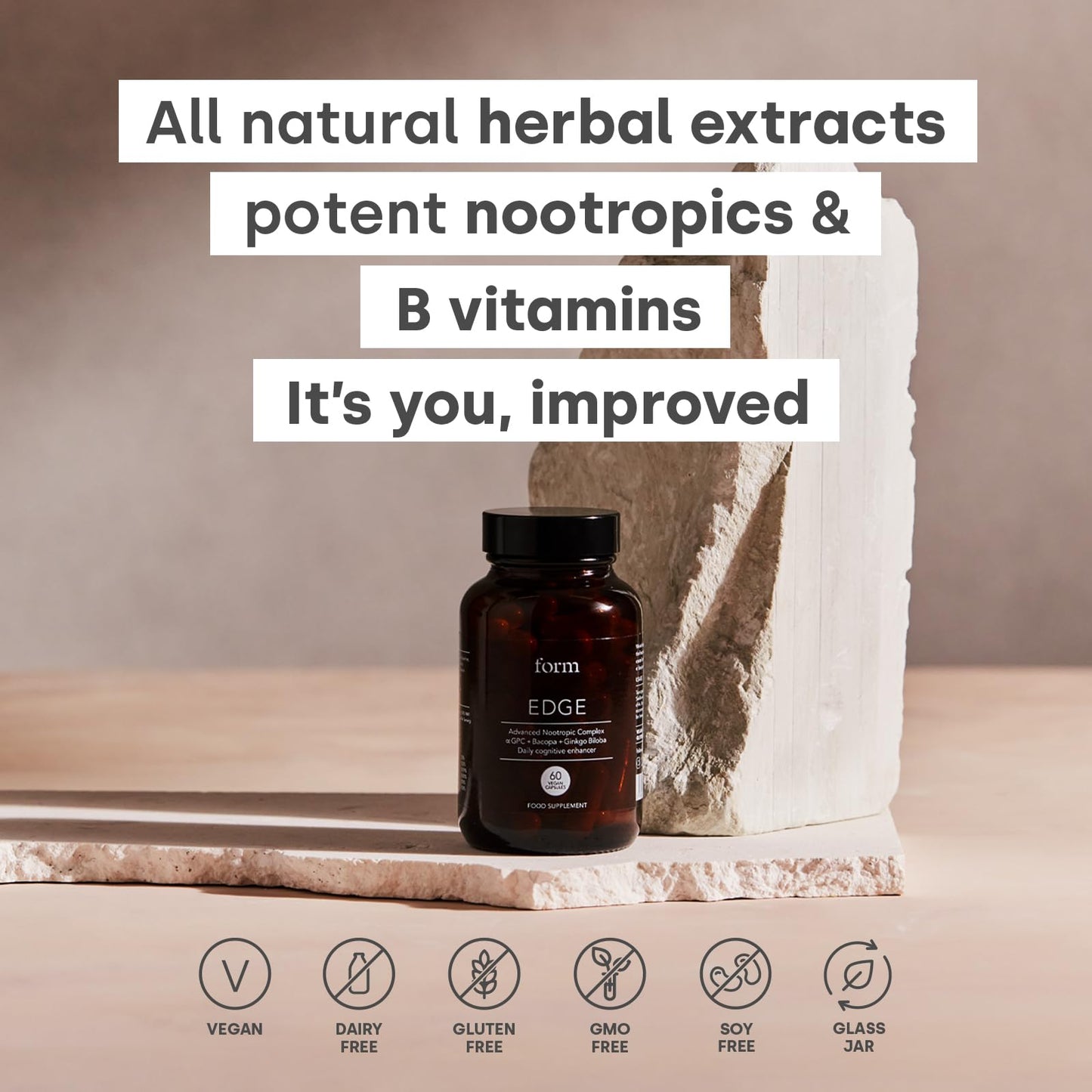 Form Edge - Natural Nootropic for Focus | Daily Cognitive Enhancer to Improve Memory and Increase Calmness | Alpha GPC | Herbal extracts, nootropics and B Vitamins | Bacopa Monnieri | Ginkgo Biloba