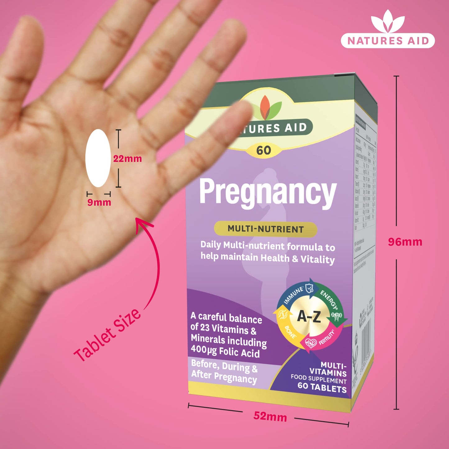 Natures Aid Pregnancy Multi-Vitamins and Minerals Tablets (23 Essential Vitamins and Minerals, 60 Tablets, Before, During and After Pregnancy, Vegan Society Approved, Made in the UK)
