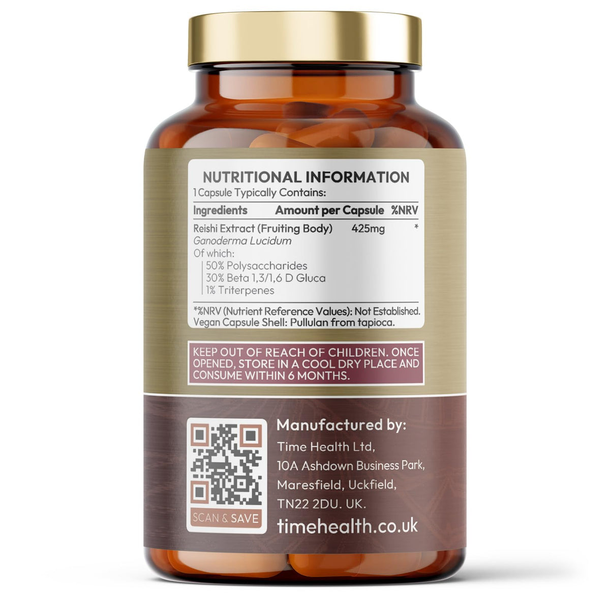 Time Health Reishi (Ganoderma lucidum) - High Strength 50% Polysaccharides / 30% Beta 1,3/1,6 D Glucan - Dual Extracted - UK Manufactured - Zero Additives - Pullulan (120 Capsules)
