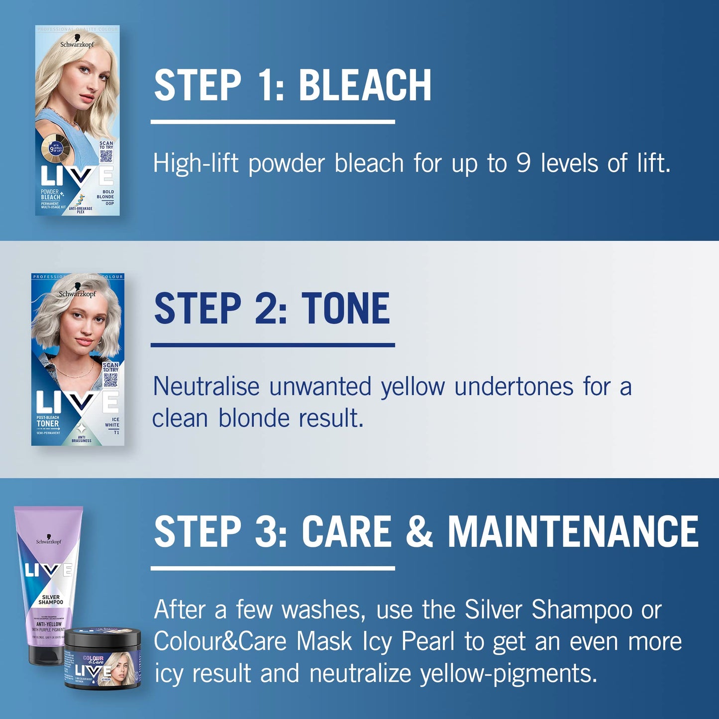 LIVE Schwarzkopf Live Post Bleach Toner Ice White Hair Toner, Lasts Up To 16 Washes, Semi-Permanent Blonde Hair Dye, For Brassy Yellow Tones, T1