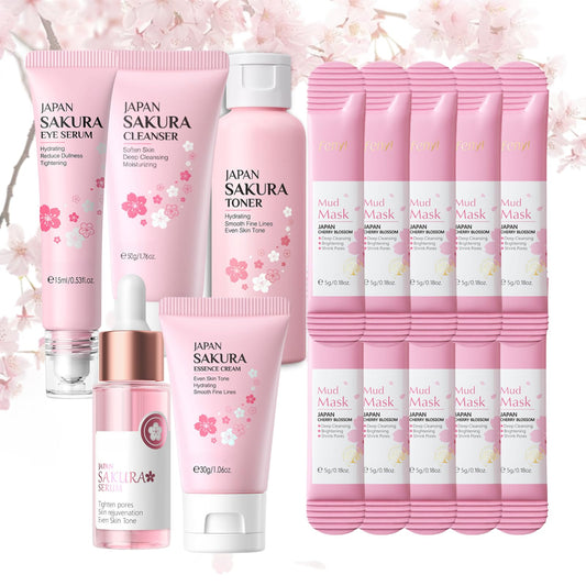 IZBEAUVO 15Pcs Sakura Skin Care Set for Teenage Girls, Cherry Blossom Pamper Set, Moisturizing Skincare Set for Dry Skin, Sakura Face Care Gift Kit with Cleanser, Toner, Serum, Eye Cream, Face Cream, Mud Mask