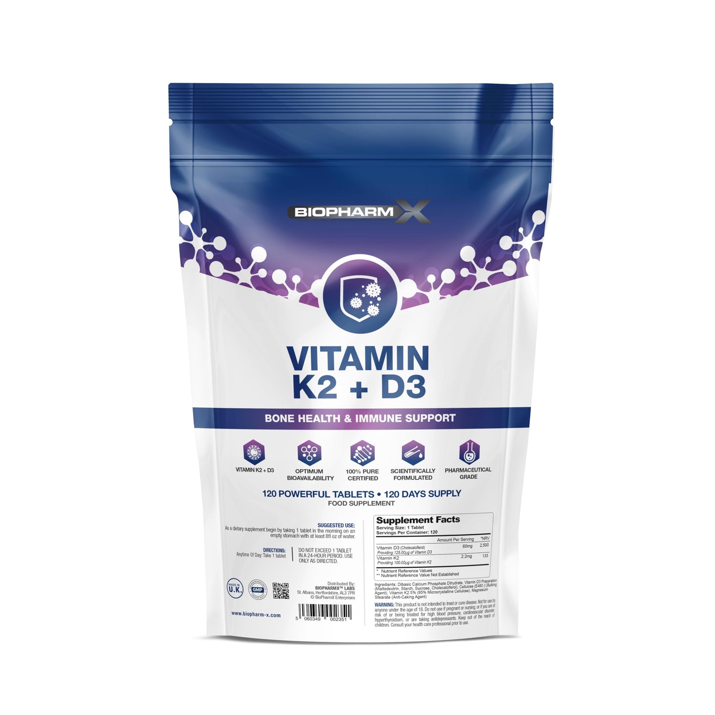 Biopharm-X Vitamin D3 & K2 MK7 5000IU / 100µg - 120 Easy to Swallow Tablets (4 Month Supply) High Strength D3 and K2 Supplement - Manufactured in The UK by BioPharmX