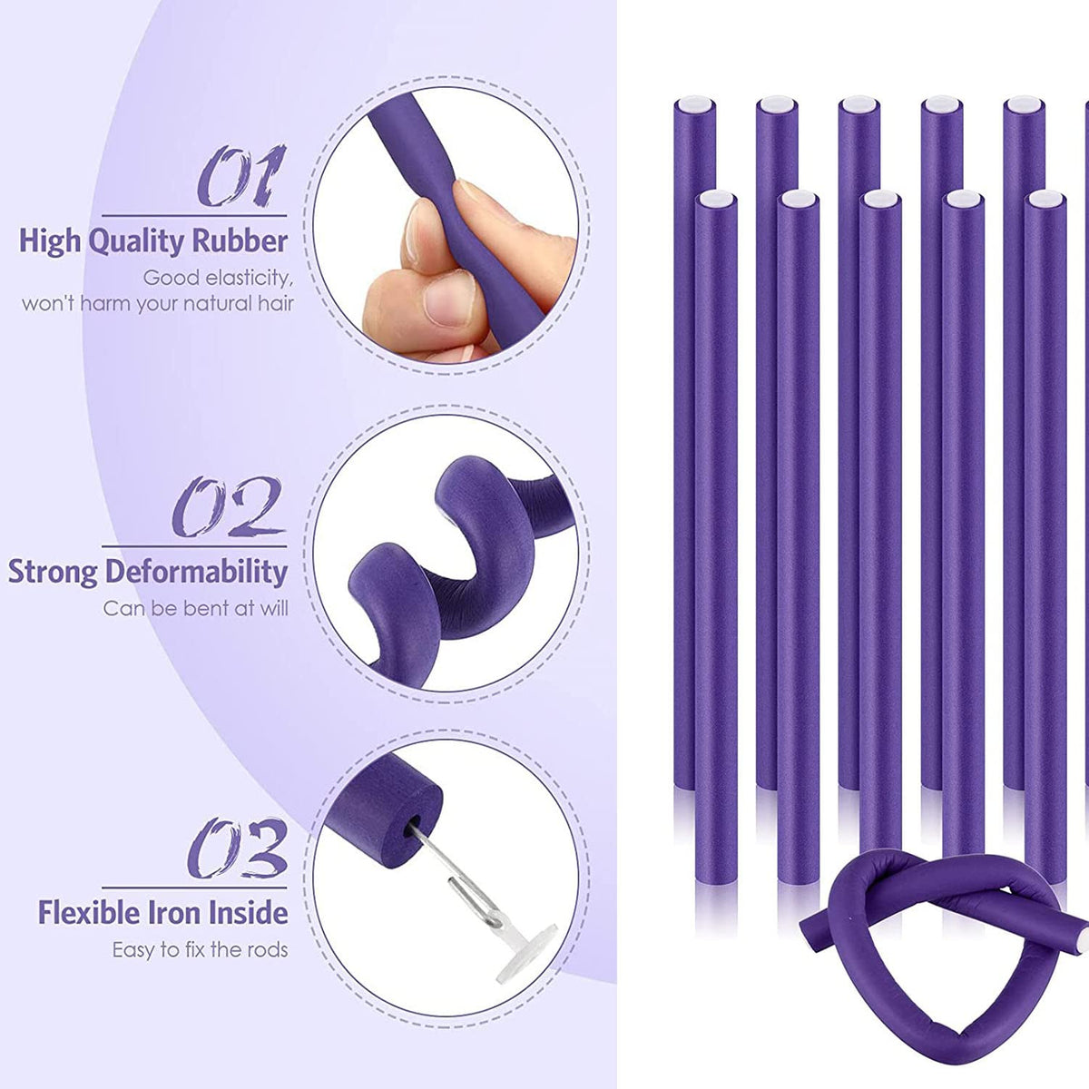 JEOPKO 10 Pcs Flexible Curling Rods, Flexi Rods for Hair, Twist Foam Hair Rollers Soft Foam No Heat Hair Rods Rollers Curlers for Women Girls Long and Short Hair (Purple)