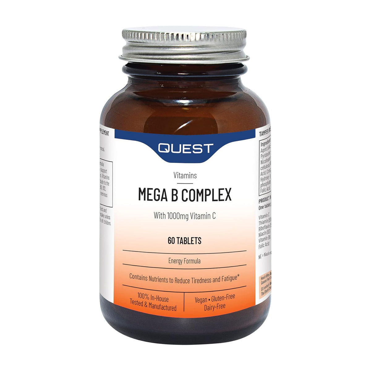 Quest - 60x Mega Vitamin B Complex Tablets. High Strength Vitamin B1-B2-B3-B6-B12, Biotin & C Supports Energy Production, Stress Response, Immune System & Brain Function (1 Pack)