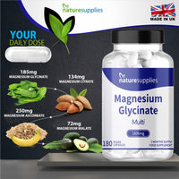 naturesupplies Magnesium Glycinate Supplements 180 Capsules 1806mg - High Absorption 4 Magnesium Powders in One Capsule, Citrate, Malate, Ascorbate & Glycinate - Naturesupplies…
