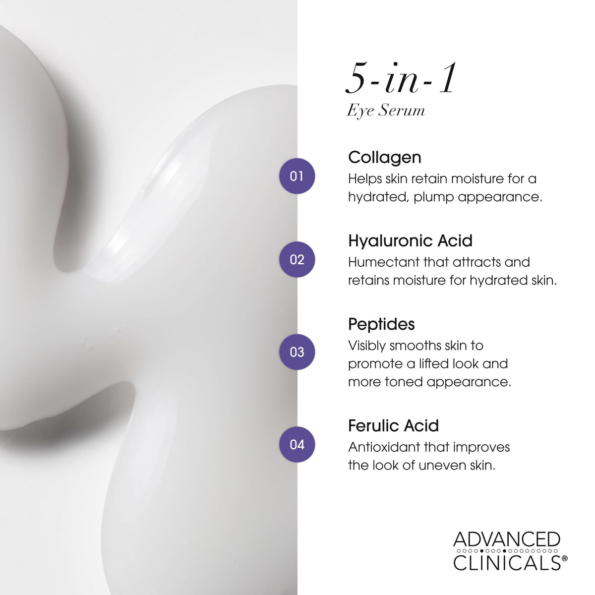 Advanced Clinicals 5-in-1 Multi Correction Anti-Aging Eye Serum with Retinol Collagen Vitamin C and Manuka Honey. For dark circles wrinkles crow's feet fine lines. Large 2oz airless tube.