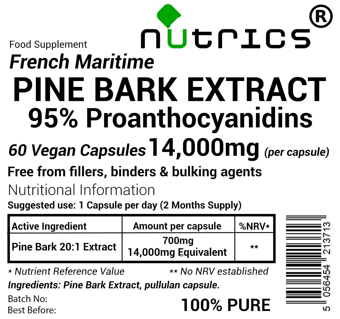 Nutrics® 14,000mg (per Capsule) French Maritime Pine BARK Extract 95% Proanthocyanidins Pure 60 Vegan Capsules (2 Month Supply) Free from fillers Binders & Bulking Agents