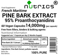 Nutrics® 14,000mg (per Capsule) French Maritime Pine BARK Extract 95% Proanthocyanidins Pure 60 Vegan Capsules (2 Month Supply) Free from fillers Binders & Bulking Agents