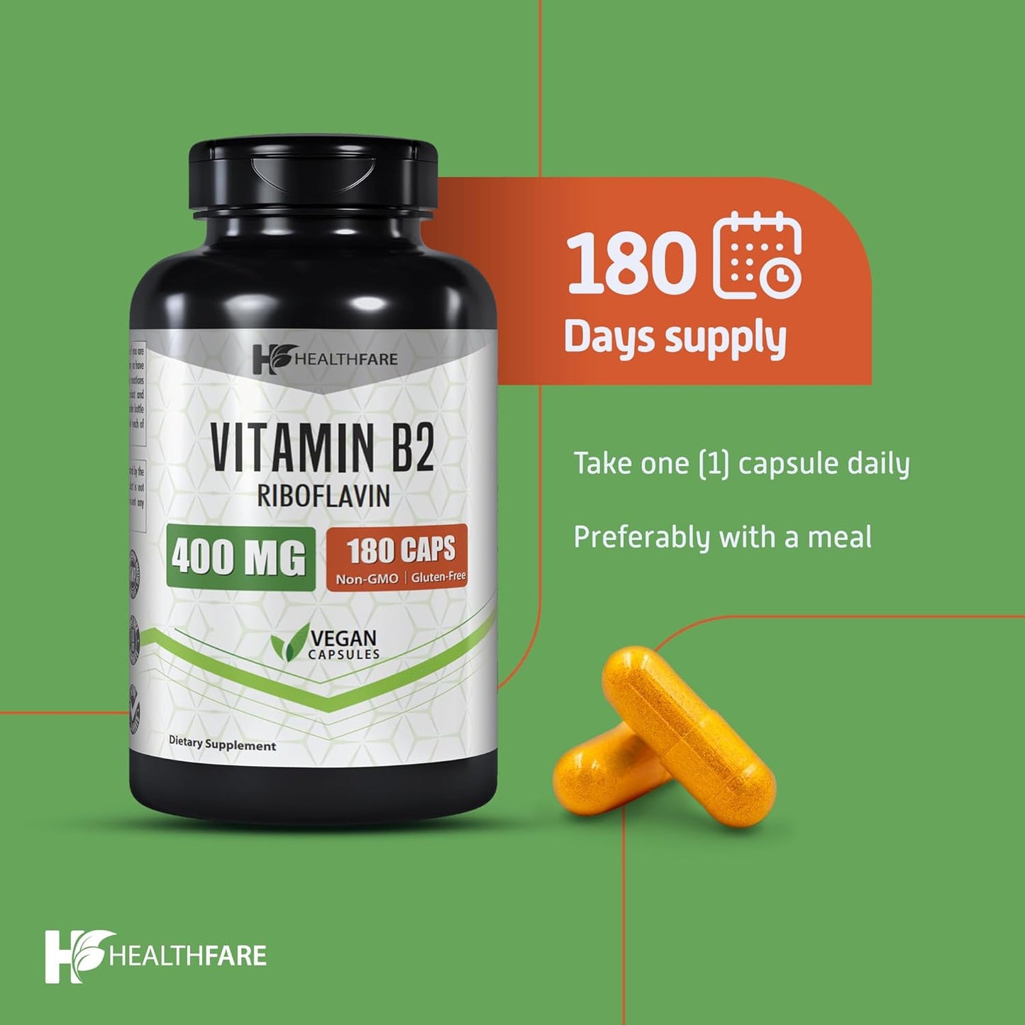 Vitamin B2 400mg | 180 Capsules | Riboflavin | Gluten Free | Made in The USA