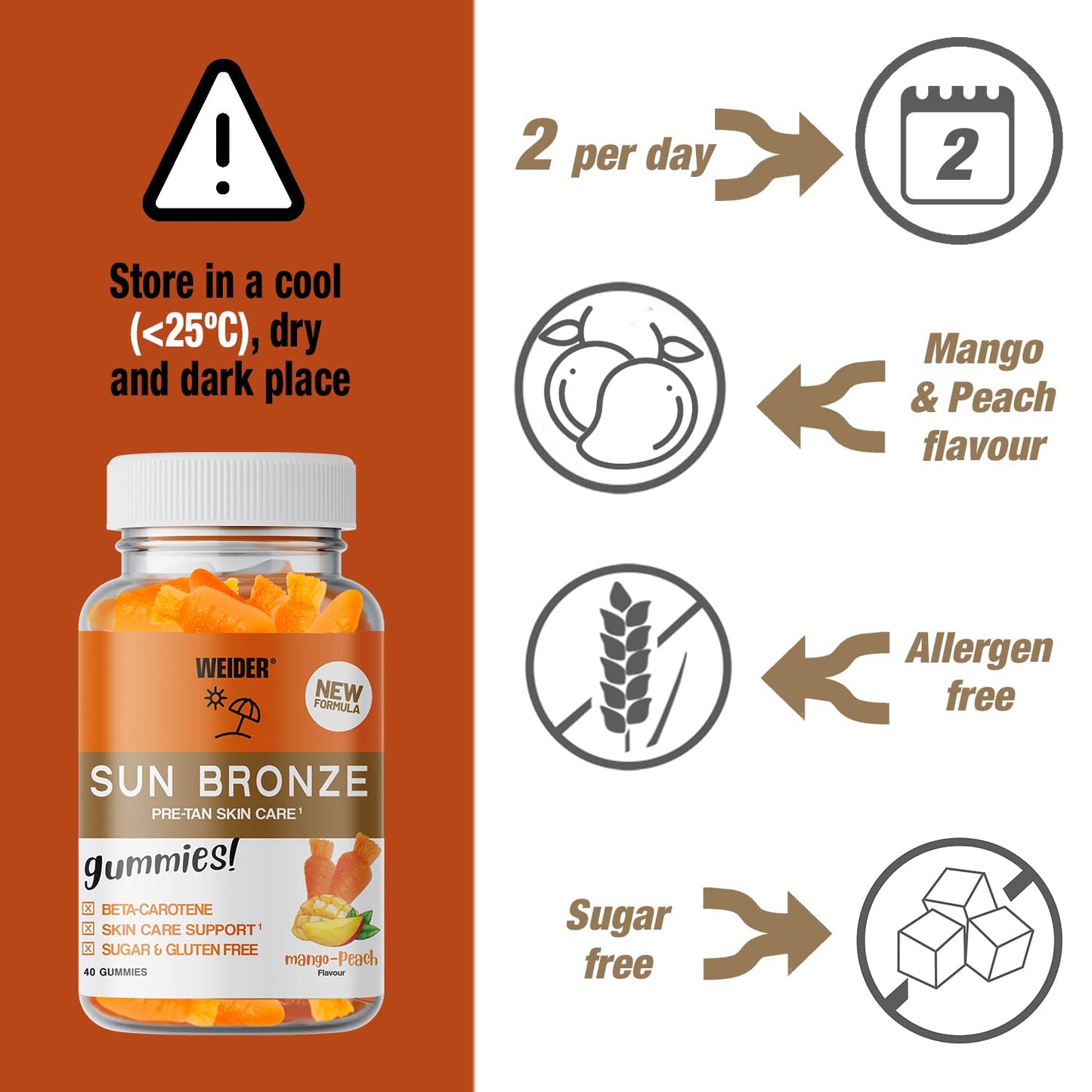 Weider Sun Bronze Gummies (40 Gums) Mango-Peach Flavour. Gummies with Beta-Carotene, Lutein, Zeaxanthin and Vitamin A. to Enhance Your Tanning and Maintain Your Skin. Sugar Free.